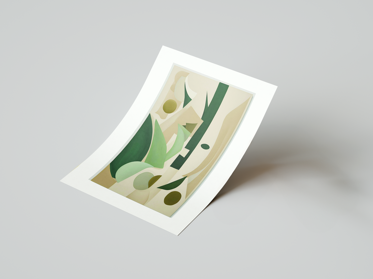 abstract art print featuring angular shapes in soothing beige & green tones