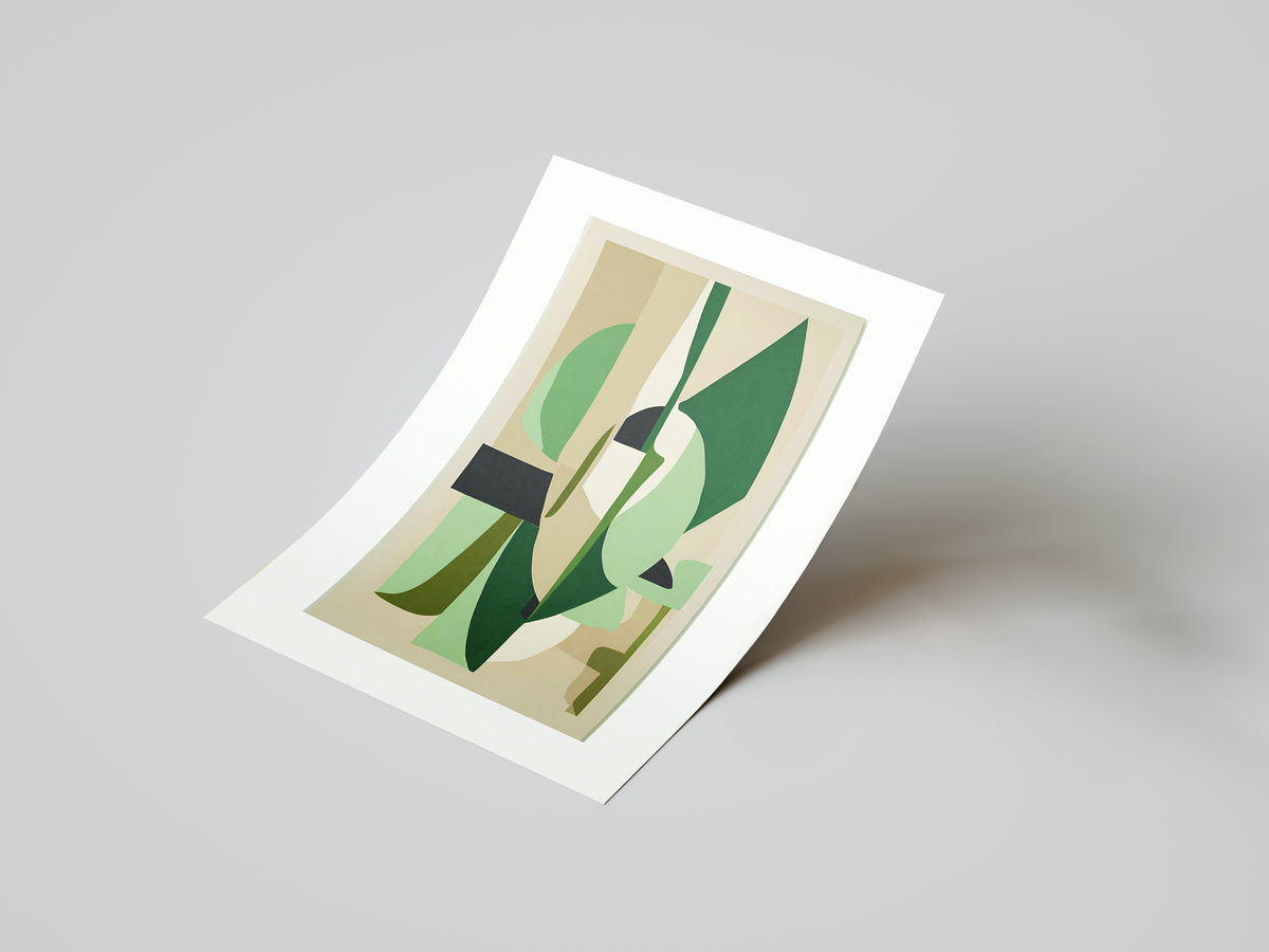 abstract art print featuring angular shapes in soothing beige & green tones
