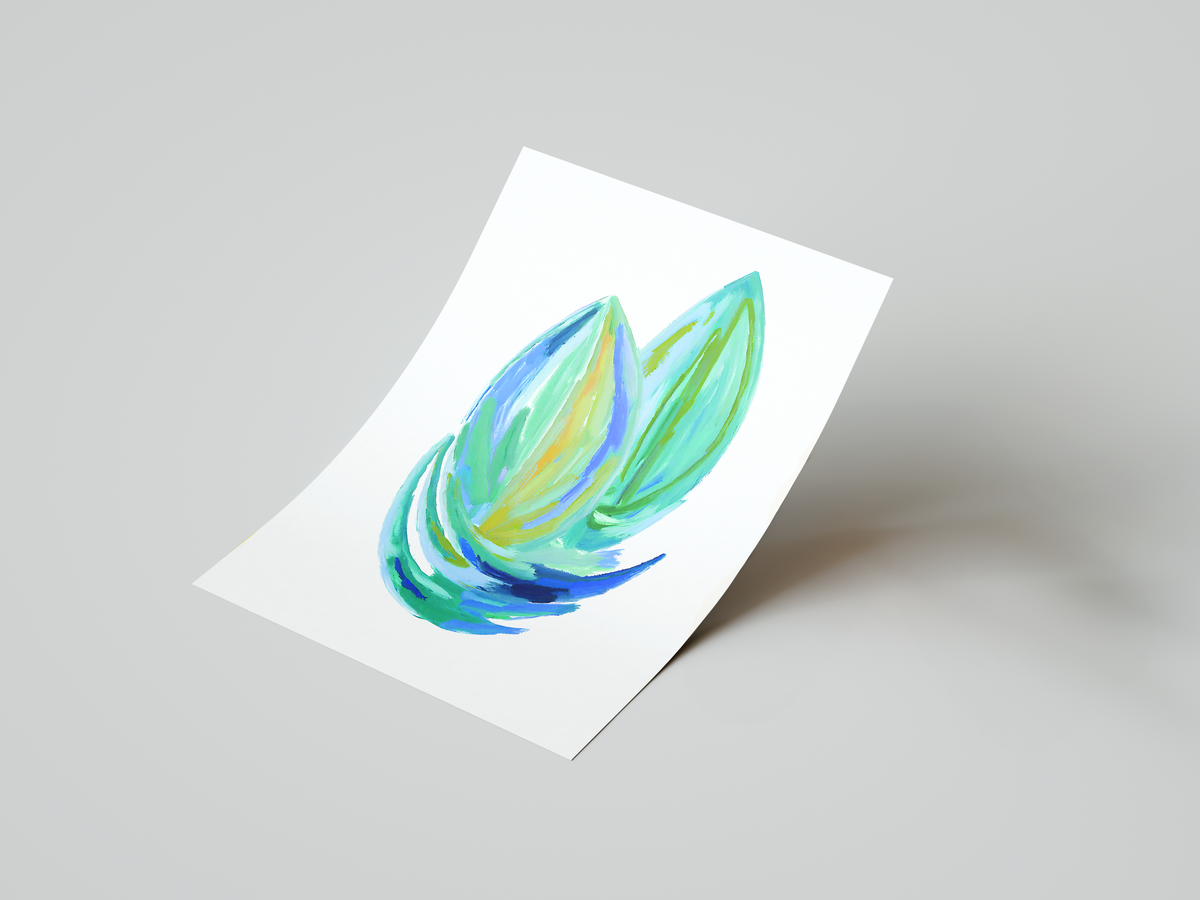 blue and green watercolour leaf art print