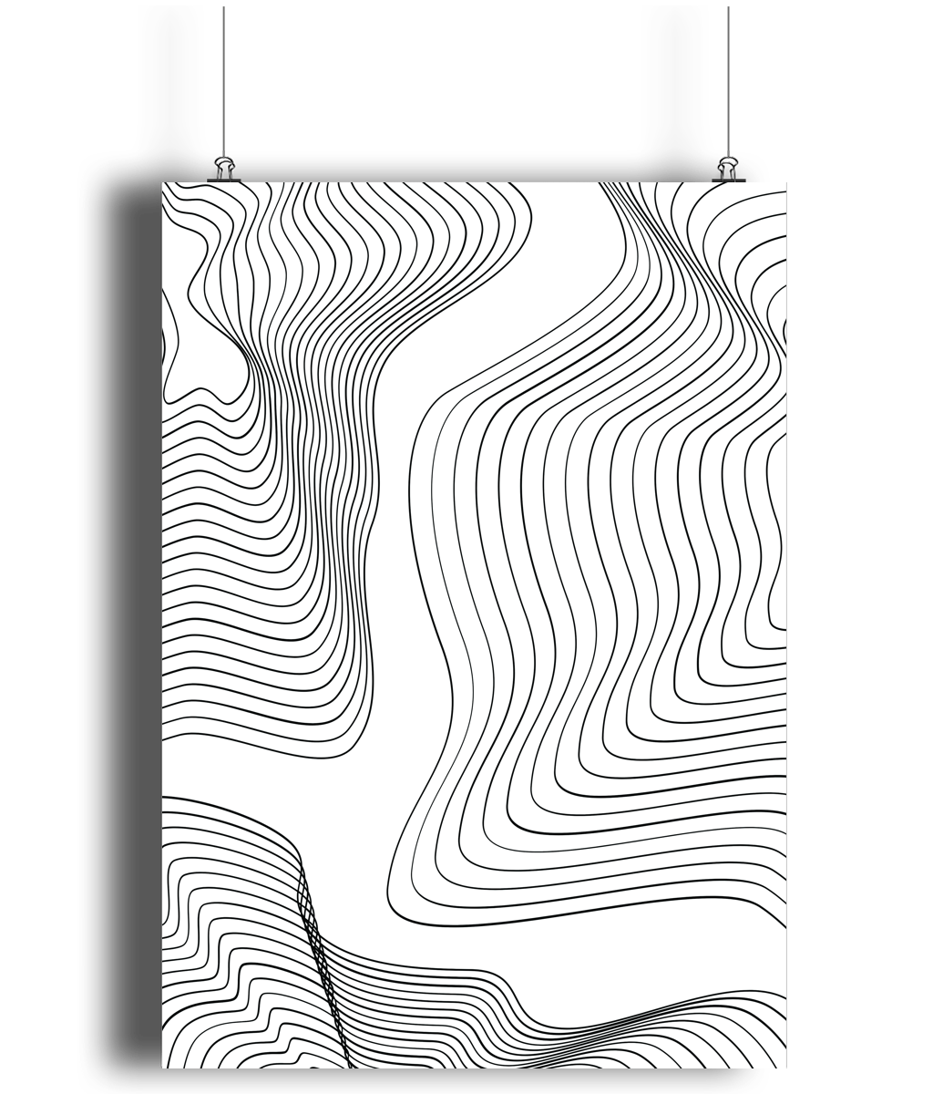 black and white wavy lines art print