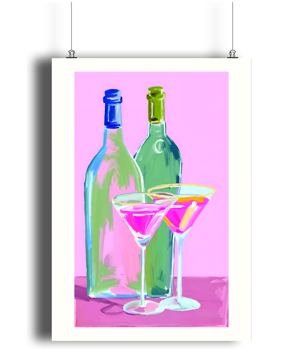 Pink Martini & Bottles Art Print