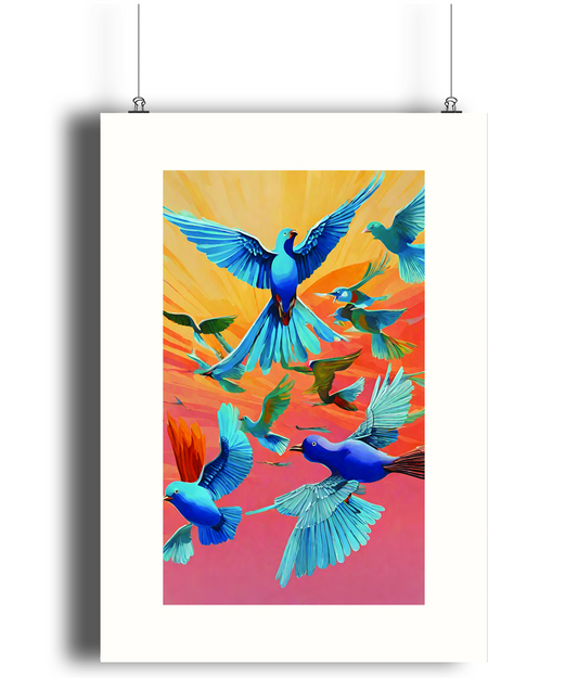 Sunrise Symphony: Blue Birds Art Print